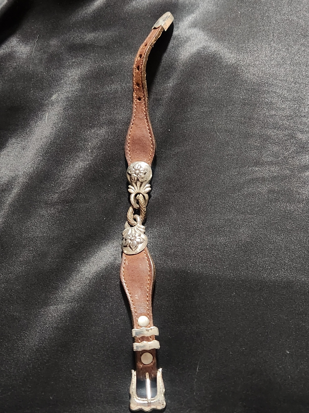 Vintage Western Leather Cinch Bracelet Silver Floral Buckle Strap